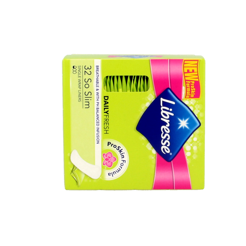 Libresse slim panty liners for women, 32-pack, discreet incontinence protection with breathable material and comfortable fit.