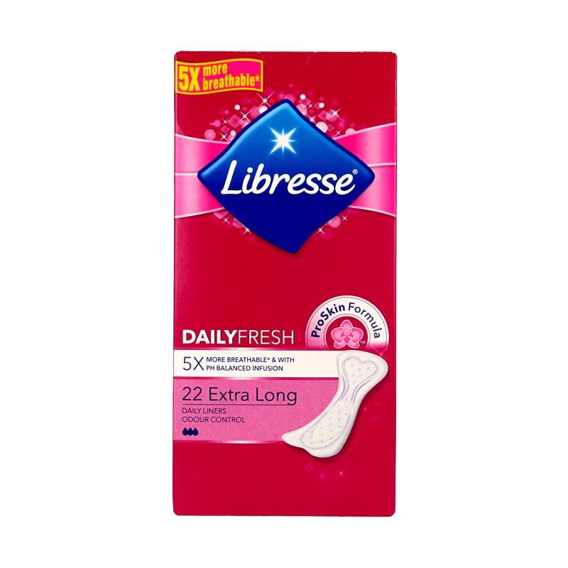 Libresse inleg extra long feminine sanitary pads, 22-pack, showing soft absorbent material and secure fit design