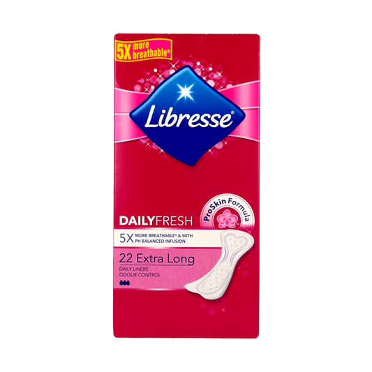 Libresse inleg extra long feminine sanitary pads, 22-pack, showing soft absorbent material and secure fit design