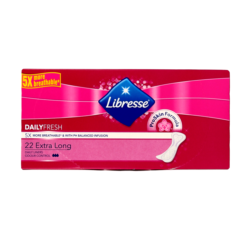 Libresse inleg extra long panty liners for women, 22-pack, soft and absorbent feminine hygiene product with comfortable fit.