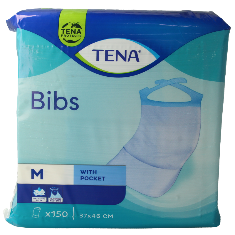 Pack of Tena Bibs, 37x46cm, soft absorbent tissues for personal use, arranged neatly on a clean surface.