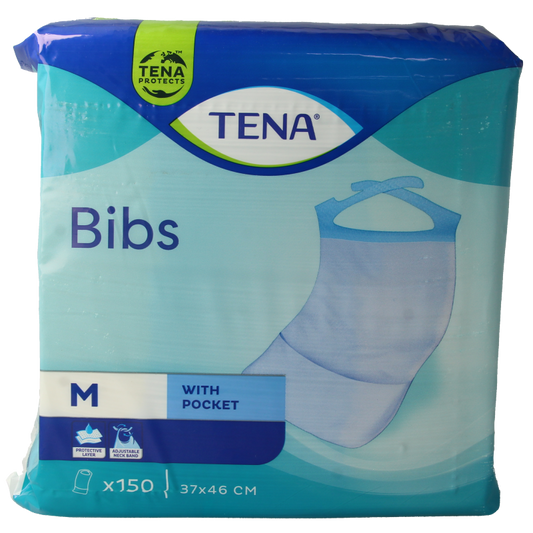 Pack of Tena Bibs, 37x46cm, soft absorbent tissues for personal use, arranged neatly on a clean surface.
