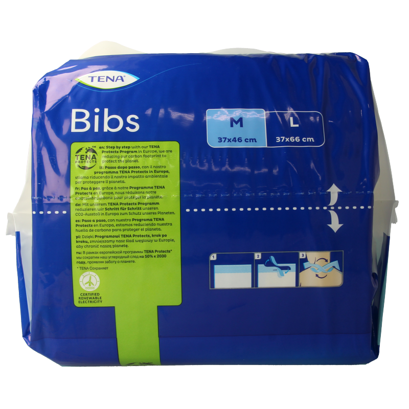 Tena Bibs 37x46cm, pack of 150 disposable tissues and bibs with absorbent material for moisture protection.