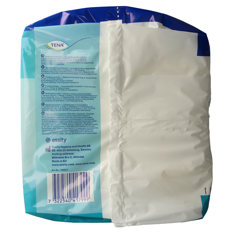 Tena Bibs 37x46cm disposable absorbent tissues in a pack of 150, designed for comfort and protection.