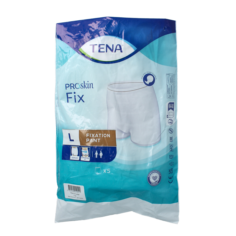 Tena Fix premium incontinence fixation belt for size L, shown in white with adjustable straps and secure fastenings.