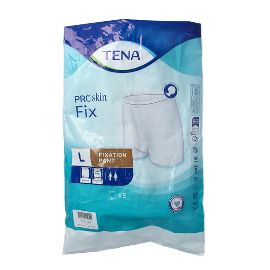 Tena Fix premium incontinence fixation belt for size L, shown in white with adjustable straps and secure fastenings.