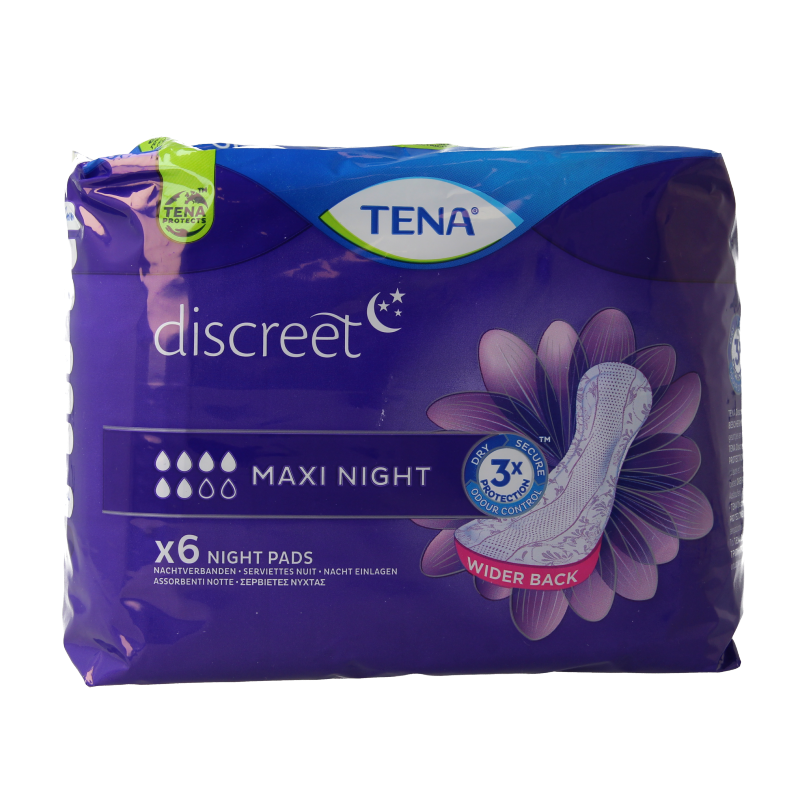 Tena Lady Maxi Night incontinence pads, 6-pack, designed for overnight protection, featuring discreet, absorbent incontinence solution.