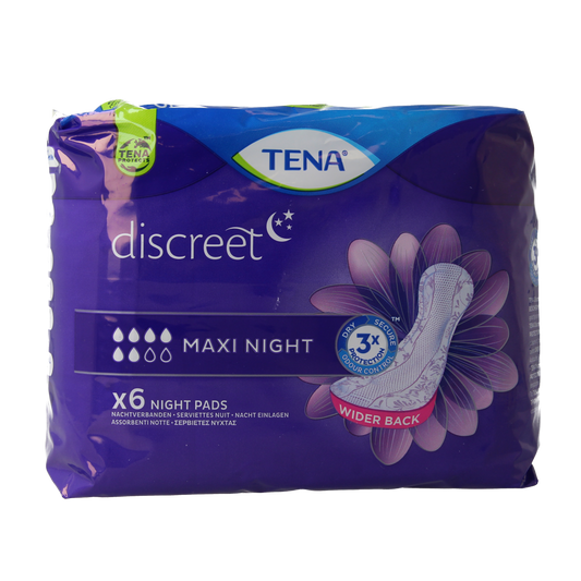 Tena Lady Maxi Night incontinence pads, pack of six, featuring absorbent design for overnight protection.