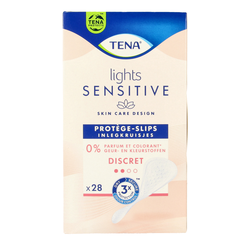 Tena Lights inlegkruisjes, 28 pack, discreet incontinent pads with absorbent core and soft material for comfort.