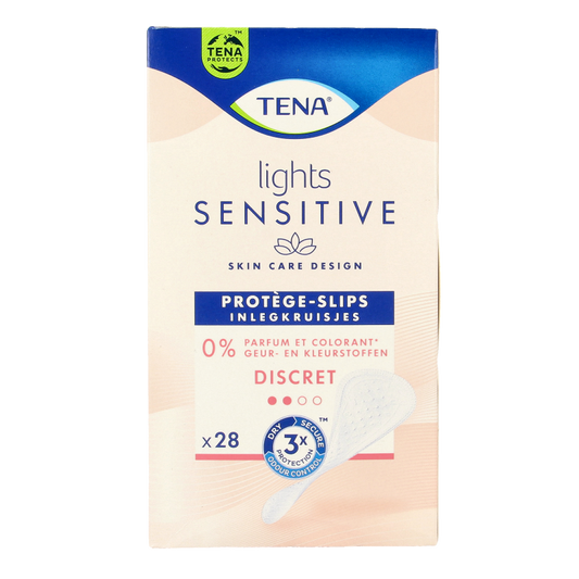 Tena Lights inlegkruisjes, 28 pack, discreet incontinent pads with absorbent core and soft material for comfort.