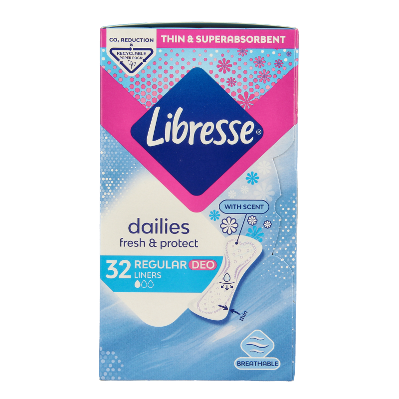Libresse Inlegkruisjes daily fresh normaal with 32 pieces, feminine hygiene pads for daily freshness and comfort.