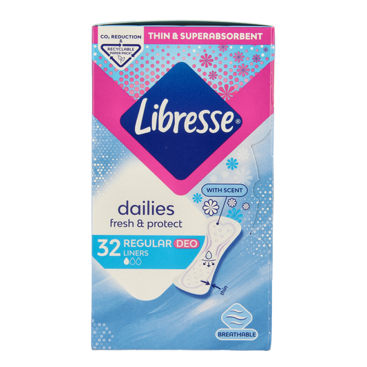 Libresse Inlegkruisjes daily fresh normaal with 32 pieces, feminine hygiene pads for daily freshness and comfort.