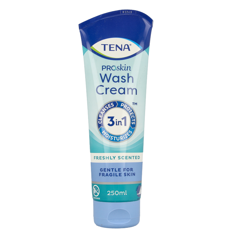 Tena Wash Cream 250ml bottle, a body care product with a white pump dispenser, for gentle skin cleansing and moisturizing.