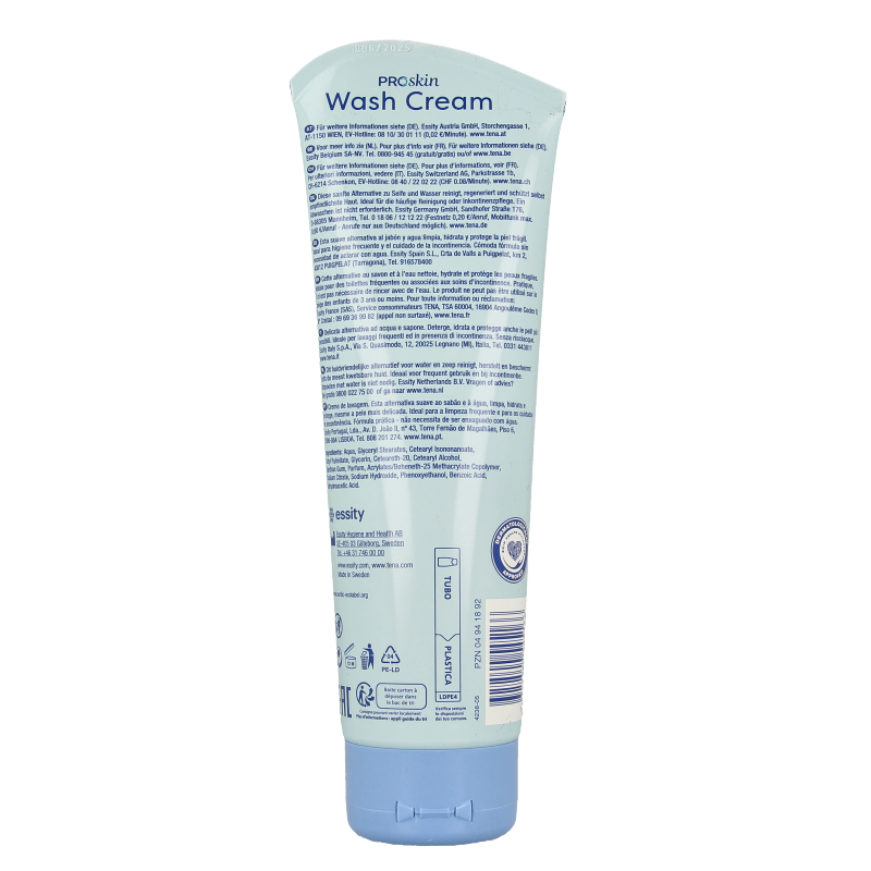 Tena Wash Cream 250ml bottle, a body care product with a white pump dispenser and blue label, designed for gentle skin cleansing.