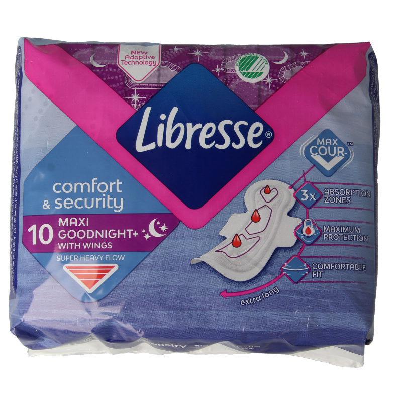Libresse Maxi Goodnight menstrual pads for women, 10-pack, featuring absorbent, comfortable sanitary pads for overnight protection.