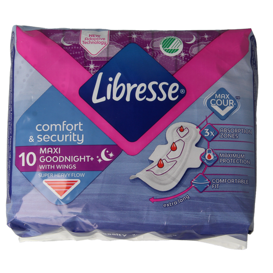 Libresse Maxi Goodnight menstrual pads for women, 10-pack, featuring absorbent, comfortable sanitary pads for overnight protection.