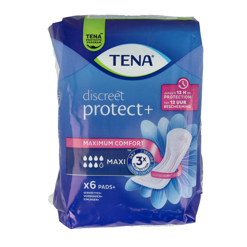 Tena Lady Maxi incontinence pads, 6-pack, with protective absorbent layers and soft fabric for comfortable wear.
