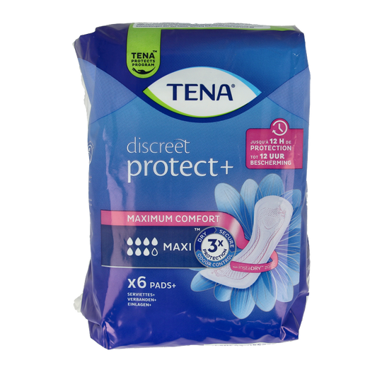 Tena Lady Maxi incontinence pads, 6-pack, with protective absorbent layers and soft fabric for comfortable wear.