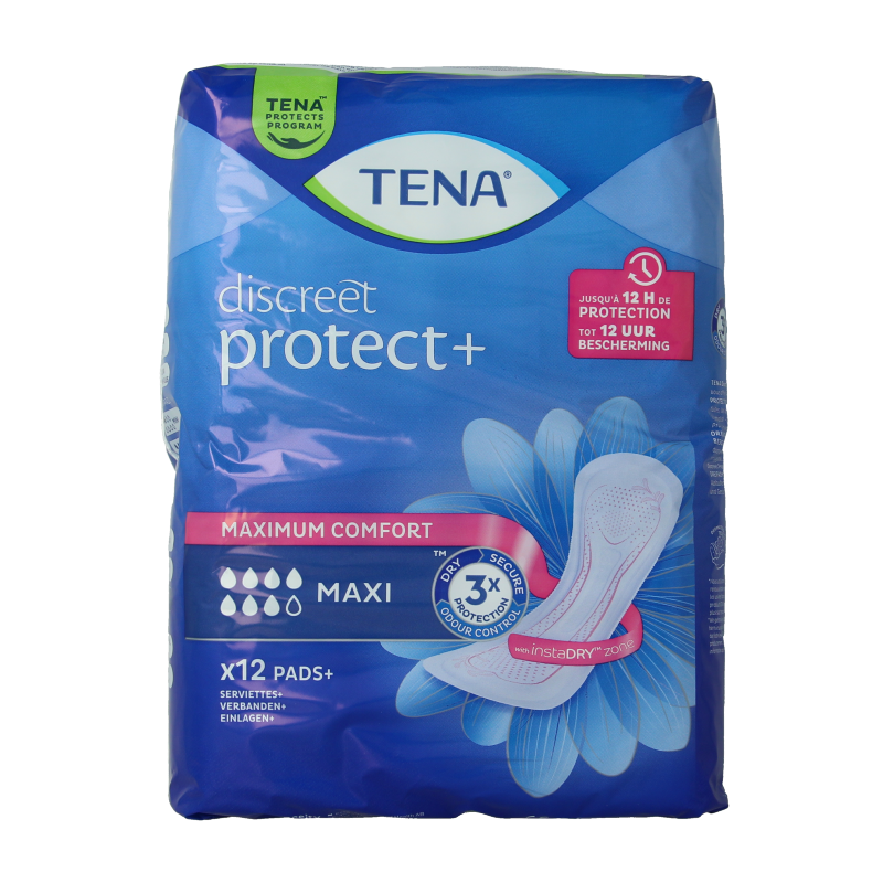 Tena Lady Maxi incontinence pads for women, 12-piece pack, soft absorbent material and discreet design.