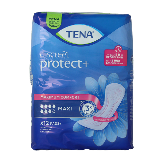 Tena Lady Maxi incontinence pads for women, 12-piece pack, soft absorbent material and discreet design.