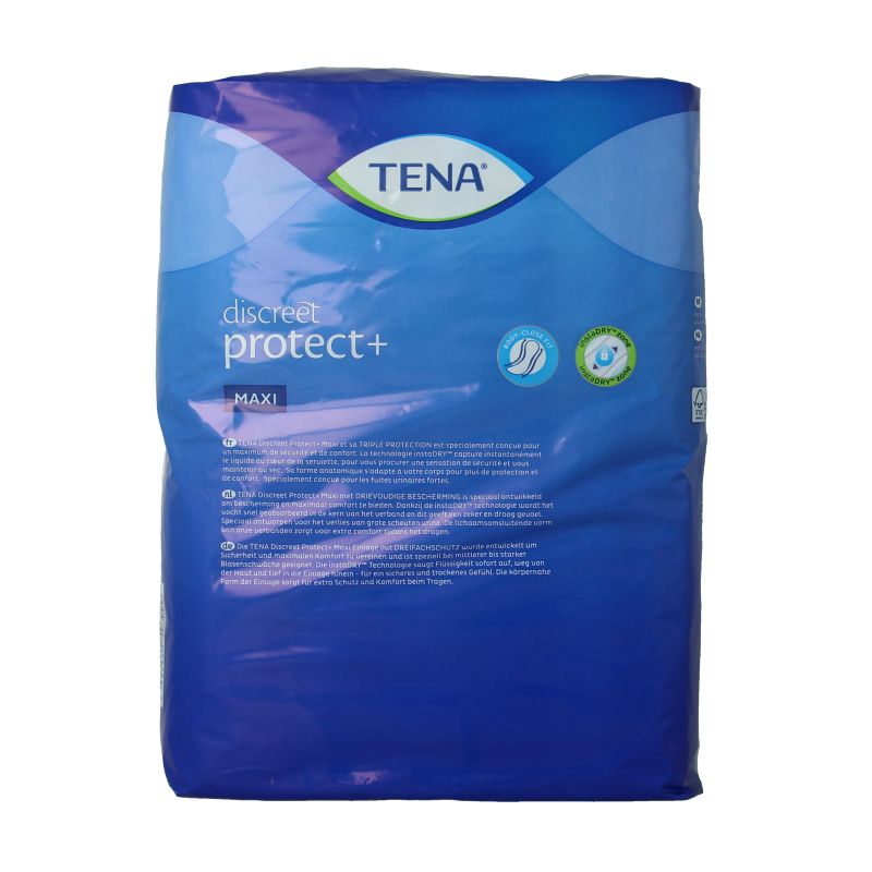 Tena Lady Maxi incontinence pads, 12-piece pack, soft and absorbent for bladder protection, featuring Tena branding.