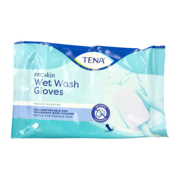 Tena Wet wash glove for bathing and showering, soft and hygienic, shown with five gloves in packaging.
