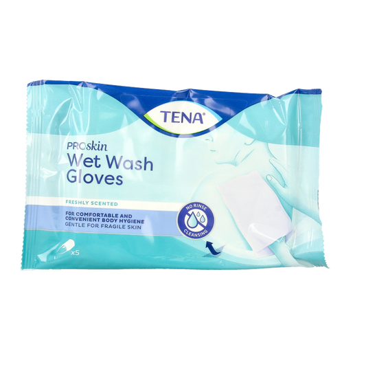 Tena Wet wash glove for bathing and showering, soft and hygienic, shown with five gloves in packaging.