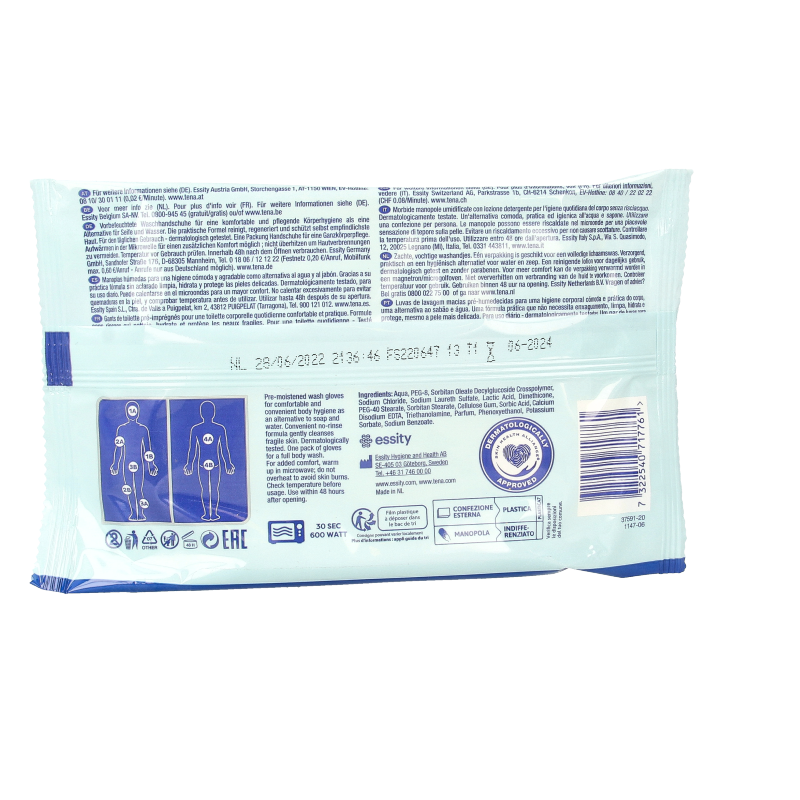 Tena Wet wash glove for bath and shower, pack of 5, soft and gentle cleansing glove for personal hygiene.