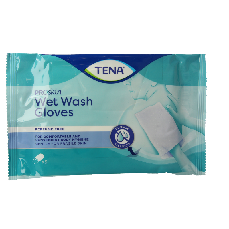 Tena Wet gloves with cleans & care lotion, no perfume, pack of 5 for body hygiene and skin care.