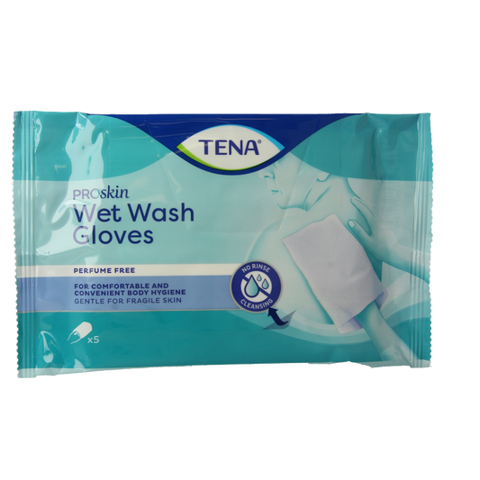 Tena Wet gloves with cleans & care lotion, no perfume, pack of 5 for body hygiene and skin care.