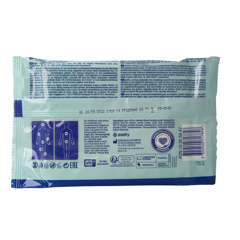 Tena Wet gloves with cleans & care lotion, no perfume, set of 5 for personal hygiene and skin care.