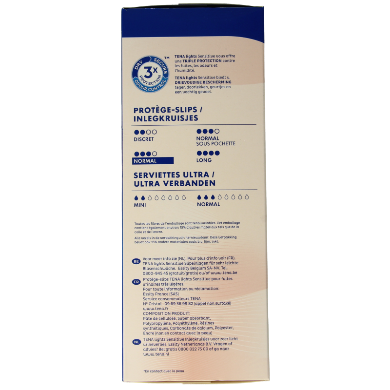 Tena Lights inlegkruisjes 24 stuks, damesverband voor lichte menstruatie, soft and discreet in verpakking.