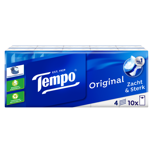 Box of Tempo Regular 10 x 10 tissue packs with 100 tissues each, featuring white, soft paper tissues for everyday use.