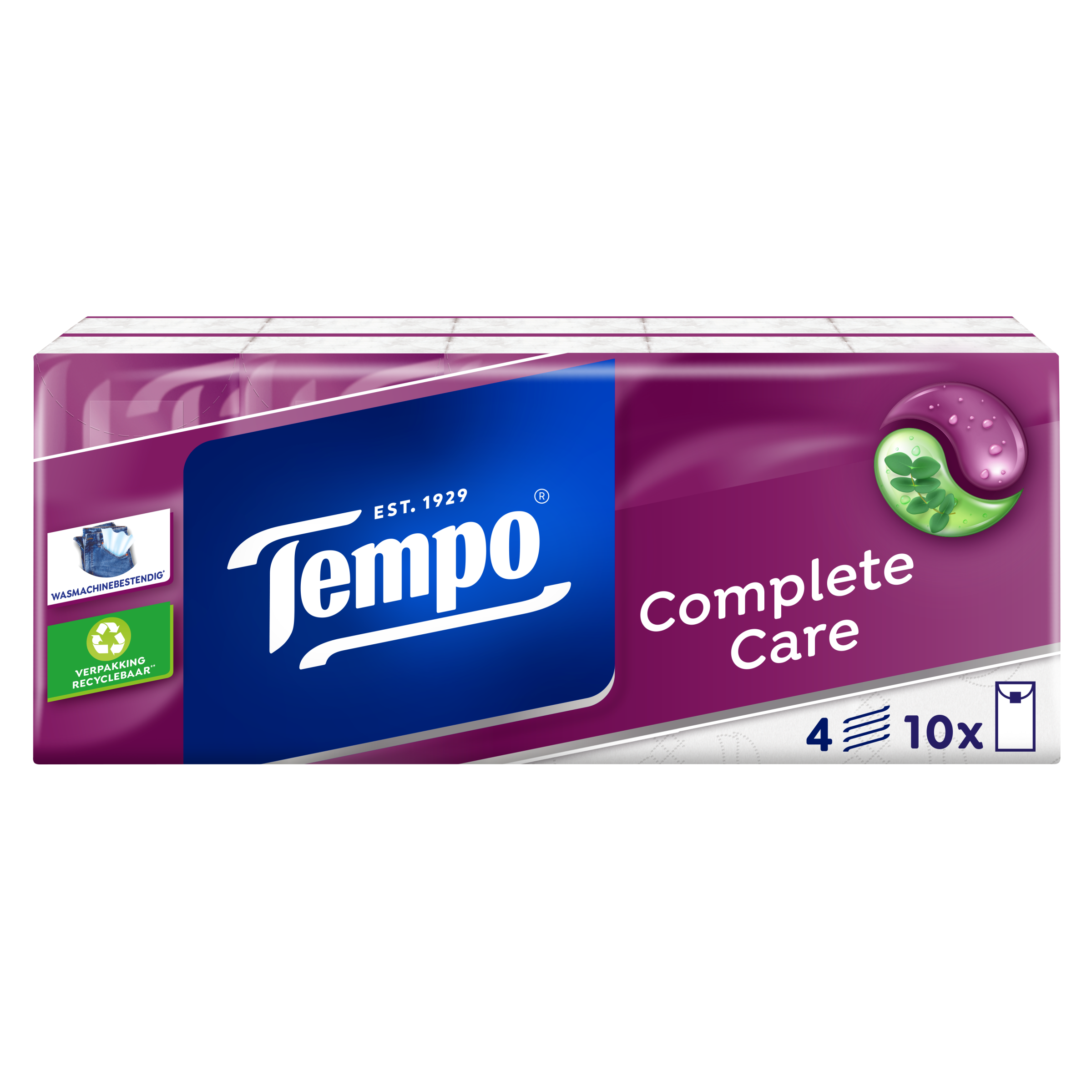 Box of 10 Tempo complete care tissues, soft and absorbent face tissues in a convenient pack, ideal for daily use.