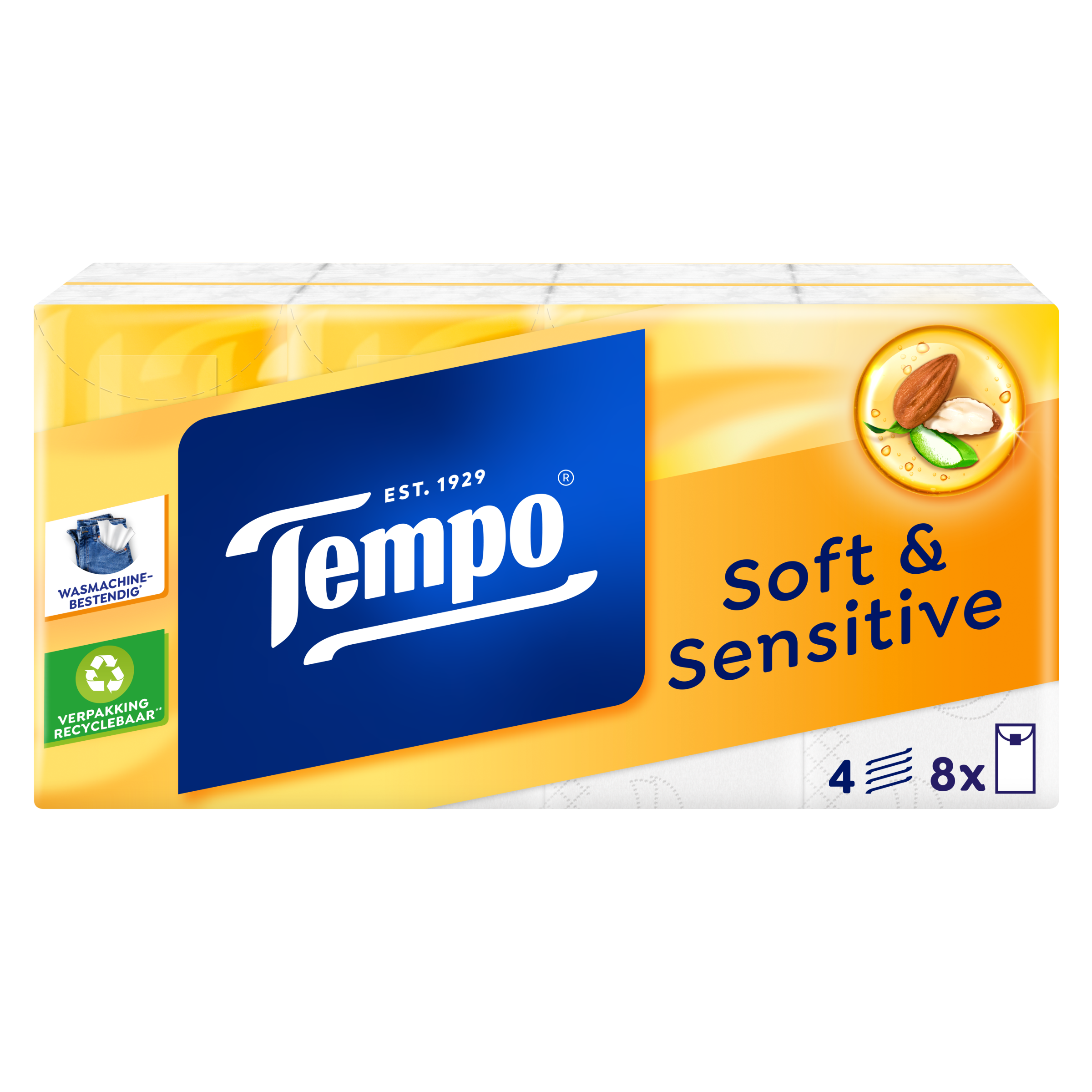 Set of nine Tempo Soft & Sensitive tissues in individual packaging, gentle and fragrance-free for sensitive skin.