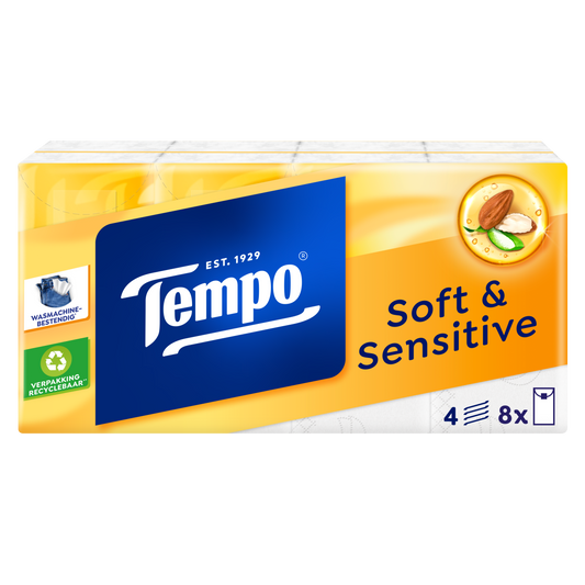 Box of 9 Tempo soft and sensitive tissues, fragrance-free facial tissues in a white box with blue accents.