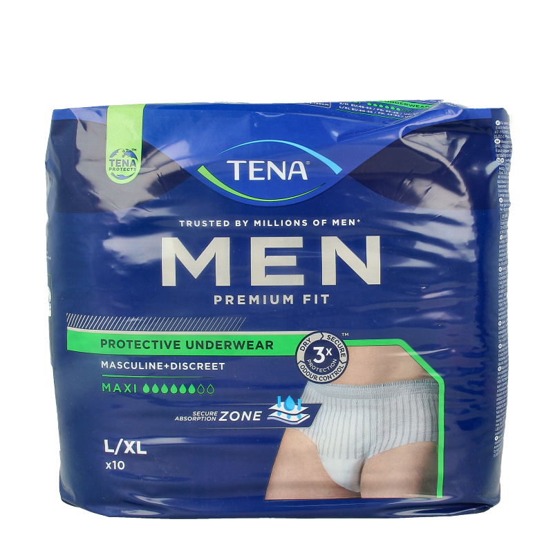 Tena Men premium fit L-XL incontinent pads, 10-pack, designed for discreet and comfortable protection.