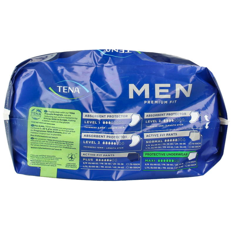 Tena Men Premium Fit L-XL incontinence underwear for men, 10 pack, showing the discreet, absorbent design with Tena branding.