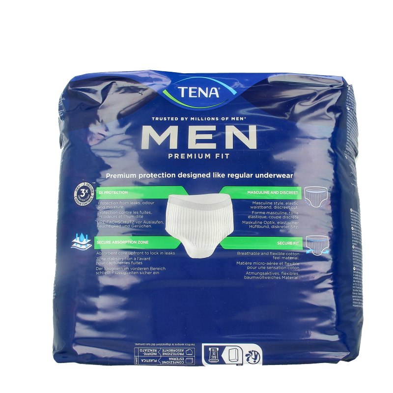 Tena Men premium fit L-XL incontinence pads, 10-pack, showing the packaging and product design.