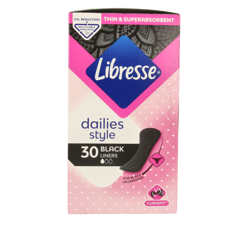 Libresse normal black panty liners for women, 30-pack, showing the product's packaging and liners inside.