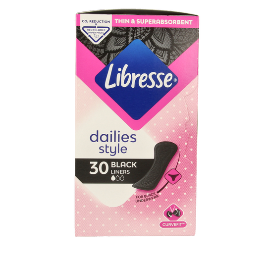 Libresse normal black panty liners for women, 30-pack, showing the product's packaging and liners inside.