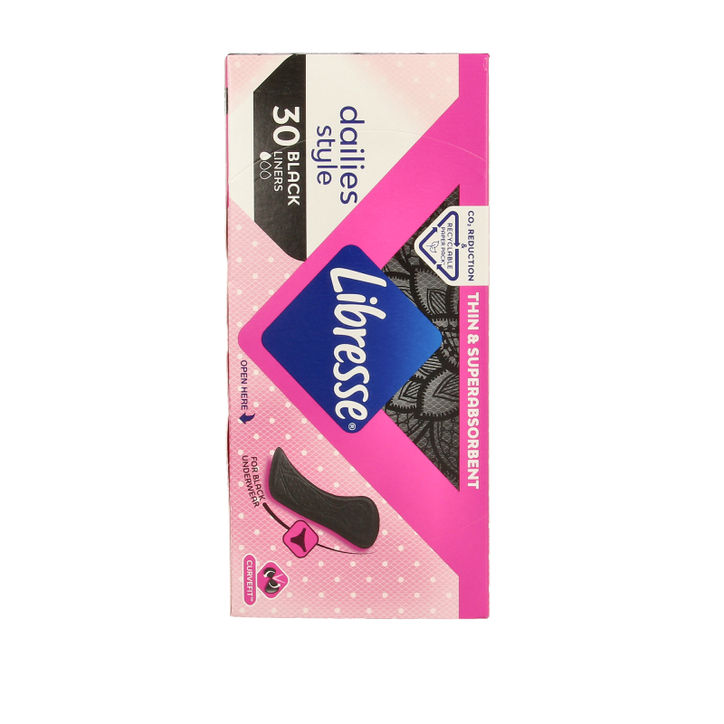 Libresse normal black panty liners for women, 30 pack, discreet feminine hygiene product, close-up of the product packaging.