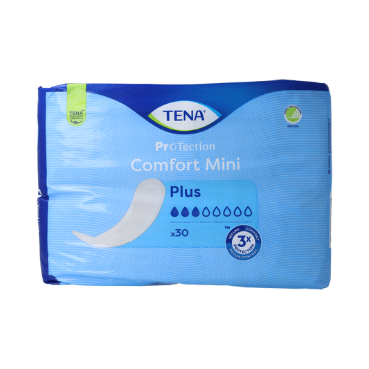 Tena Comfort Mini Plus incontinence pads, 30 pack, featuring discreet, absorbent material with soft, breathable fabric for comfort.