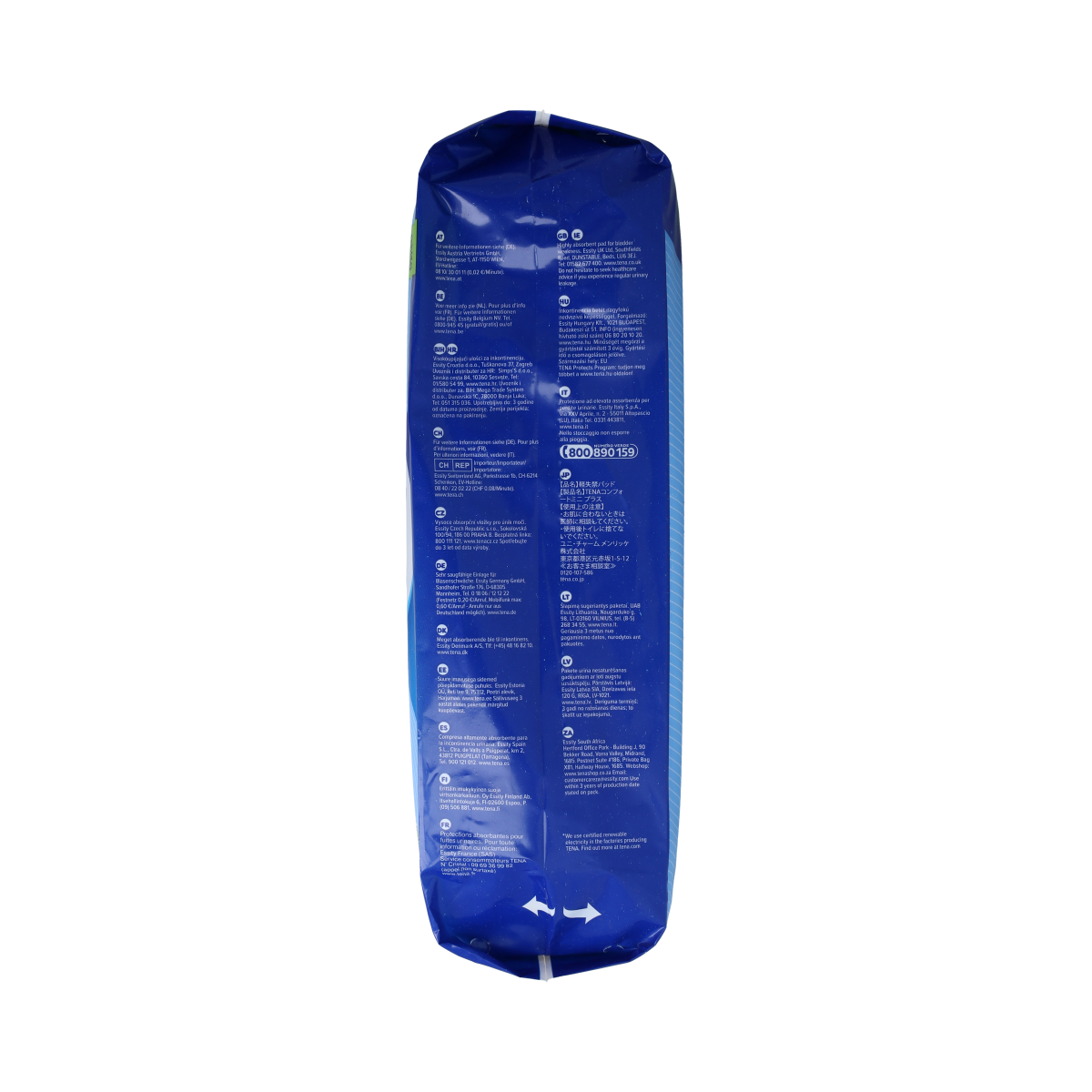 Image of Tena Comfort Mini Plus incontinence pads, showing a box of 30 disposable incontinence pads by Tena.