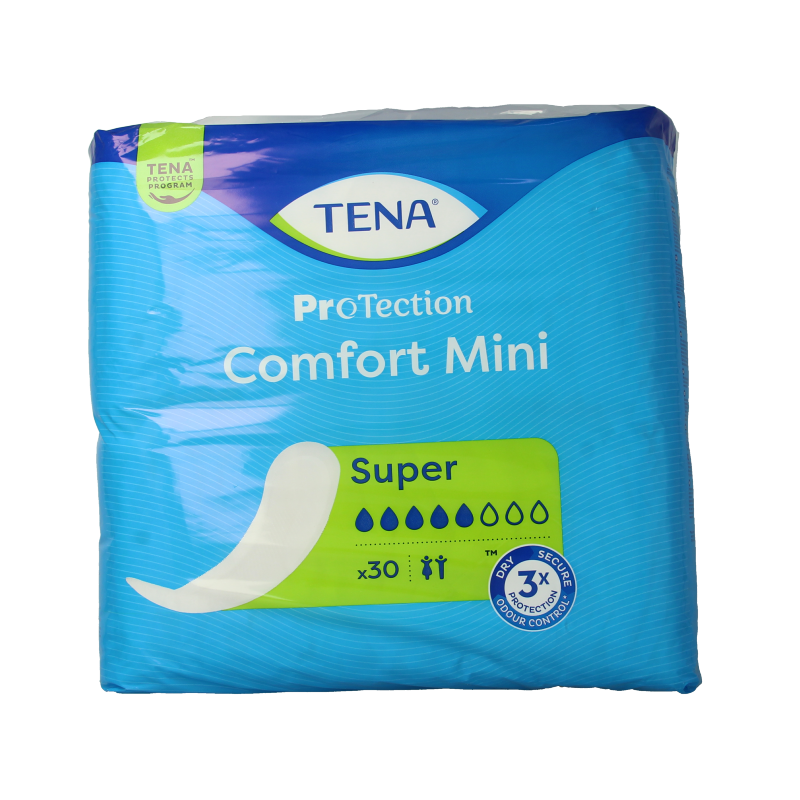 Tena Comfort Mini Super incontinent pads, 30 pack, with discreet absorbent design for sensitive bladder management.