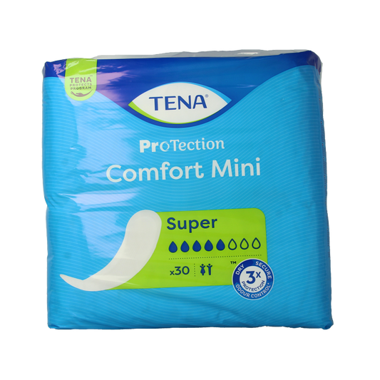 Tena Comfort Mini Super incontinent pads, 30 pack, with discreet absorbent design for sensitive bladder management.