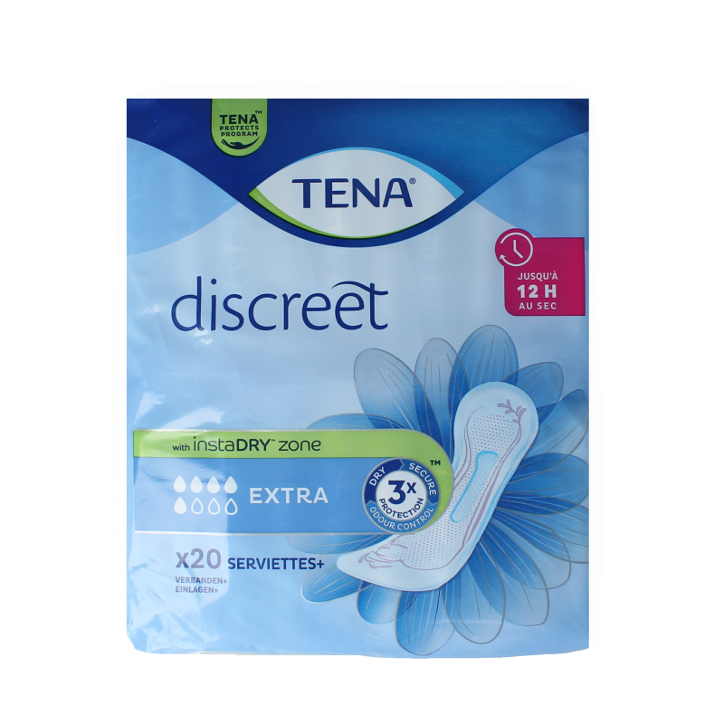 Tena Discreet Incontinence Pads in a box, showing 20 absorbent pads for discreet protection and comfort.
