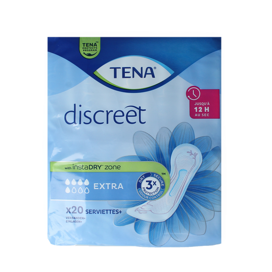 Tena Discreet Incontinence Pads in a box, showing 20 absorbent pads for discreet protection and comfort.