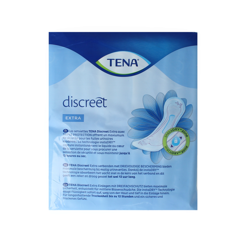 Tena Discreet Extra incontinent pads, 20-pack, designed for discreet protection and comfort.