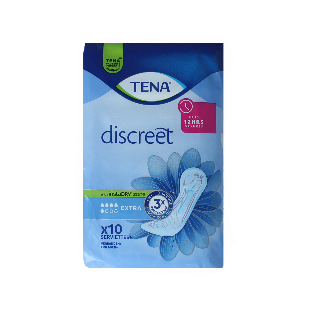 Tena Lady Discreet Extra incontinence pads, pack of 10, designed for discreet and reliable bladder leakage protection.